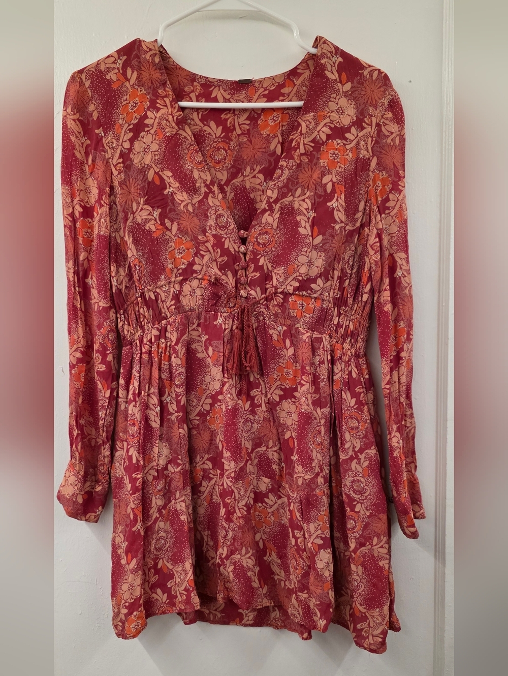 Free People Stealing Fire Mini Dress Floral Boho Tassel Tie Long Sleeve (No Size - Picture 2 of 13